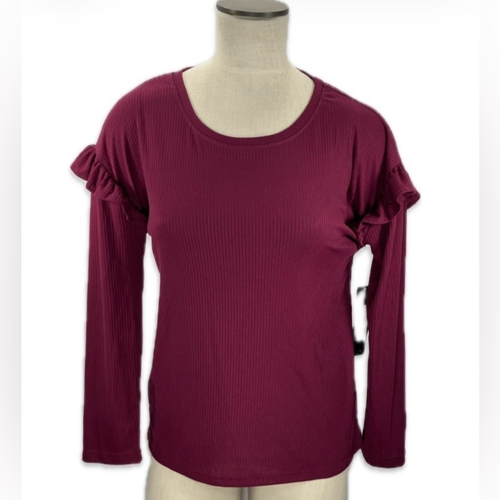 BCBGMAXAZRIA Burgundy Long Sleeve Ruffled Top - size Small - NWT